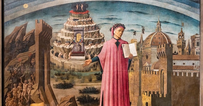 “La Divina Commedia illumina Firenze”, conosciuto anche come “La Divina Commedia di Dante Alighieri”. Affresco di Domenico di Michelino (1465), su disegno di Alessio Baldovinetti, Firenze, Cattedrale di Santa Maria del Fiore (Duomo). A destra: veduta di Firenze, come allegoria del Paradiso; è una delle prime vedute con la cupola del duomo completata. Al centro Dante che regge il libro con l’incipit della Divina Commedia. A sinistra: la collina del Purgatorio e l’Inferno. (Photo by Ghigo Roli / Ghigo Roli / Photo12 via AFP)