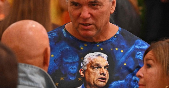 Un sostenitore del partito Fidesz indossa una maglietta con il ritratto del premier ungherese Viktor Orban