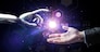 artificial intelligence, future technology and business concept - robot and human hand with flash light and virtual screen projection over black background