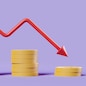 Descending arrow and stack of dollar coins on purple background. Concept of financial problem and crisis. 3D rendering
