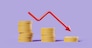 Descending arrow and stack of dollar coins on purple background. Concept of financial problem and crisis. 3D rendering