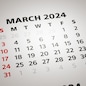Calendar with month of March 2024 in focus. 3D rendering