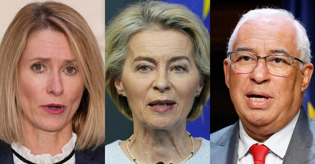 Estonia's Prime Minister Kaja Kallas, President of the European Commission Ursula von der Leyen, Portugal's Prime Minister Antonio Costa