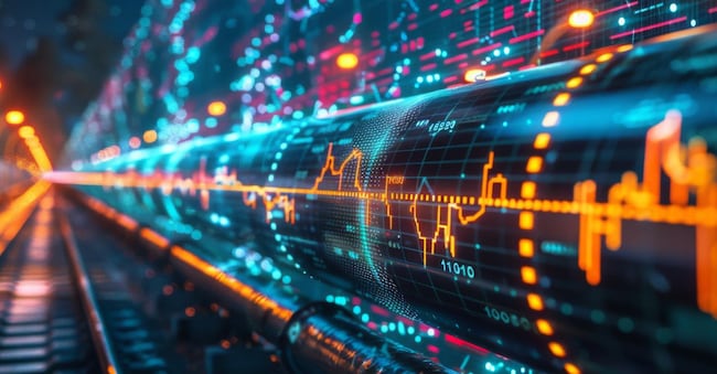 High-quality image of a gas pipeline overlaid with stock market trends and business finance data