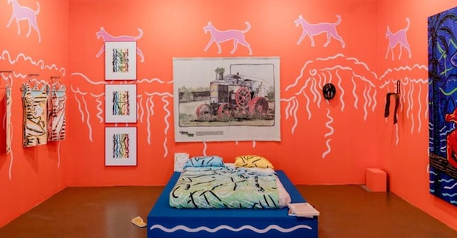 “The Collectors Bedroom”, Adrián Balseca, Enzo Cucchi, Pablo Echaurren, Rodrigo Hernández, Luís Lázaro Matos, Carrie Moyer, Belén Uriel. Installation view Galerija Madragoa (Lisbona) a CAN Ibiza 2024