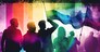 Pride festival with people celebrating. Rainbow colors background. Generative AI