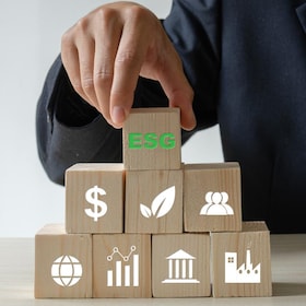 Environmental, social, and governance (ESG) investment Organizational growth. Wooden cube  with symbol of esg concept