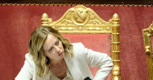 Giorgia Meloni durante la discussione sulle Comunicazioni del Presidente del Consiglio dei ministri in vista del Consiglio europeo del 27 e 28 giugno 2024, Senato a Roma
