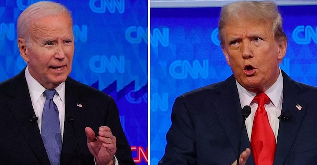 FILE PHOTO: Democratic Party presidential candidate U.S. President Joe Biden and Republican presidential candidate former U.S. President Donald Trump speak during a presidential debate in Atlanta, Georgia, U.S., June 27, 2024 in a combination photo. REUTERS/Brian Snyder/File Photo