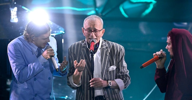 Italian band bnkr44 with Italian singer Pino D'Angiò perform on stage at the Ariston theatre during the 74th Sanremo Italian Song Festival, Sanremo, Italy, 09 February 2024. The music festival will run from 06 to 10 February 2024. ANSA/RICCARDO ANTIMIANI