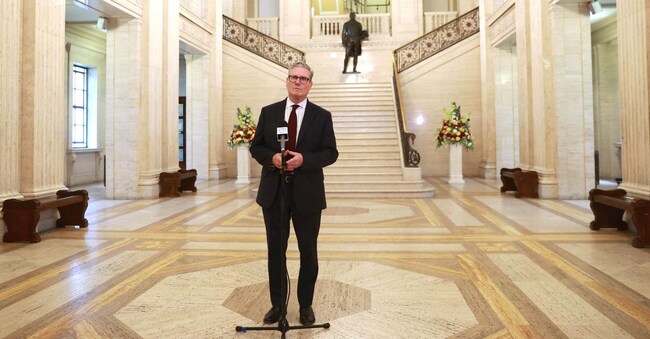 British Prime Minister Keir Starmer addresses the media in the Great Hall of Parliament Buildings at Stormont, Belfast, following a meeting with Prime Minister Sir Keir Starmer, during the PM's tour of the UK following Labour's victory in the 2024 General Election. Picture date: Monday, July 8, 2024.  Liam McBurney/Pool via REUTERS