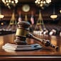 Court of Law and Justice Trial Session: Imparcial Honorable Judge Pronouncing Sentence, striking Gavel. Focus on Mallet, Hammer. Cinematic Shot of Dramatic Not Guilty Verdict. copy space