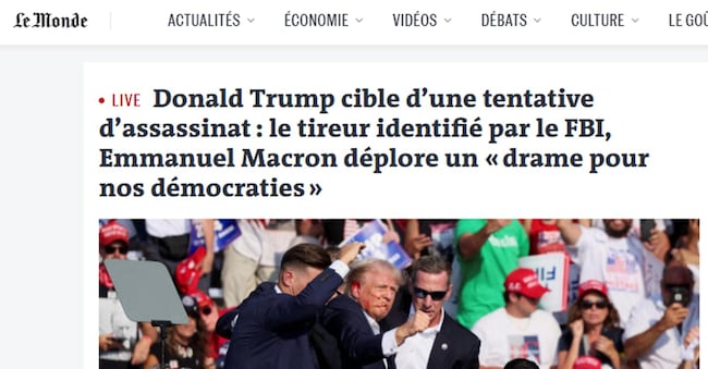 La rassegna stampa estera con la notizia dell'attentato contro Donald Trump in un comizio in Pennsylvania, 14 luglio 2024. Un 20enne del posto in mimetica ha sparato diversi colpi con un fucile semiautomatico da un tetto a 150 metri dal palco dell'ex presidente Usa, ferendolo a un orecchio. Morto uno spettatore, feriti gravemente altri due. L'attentatore è stato ucciso da un cecchino dei servizi segreti Usa. +++ ATTENZIONE LA FOTO NON PUO' ESSERE PUBBLICATA O RIPRODOTTA SENZA L'AUTORIZZAZIONE DELLA FONTE DI ORIGINE CUI SI RINVIA+++ NPK +++