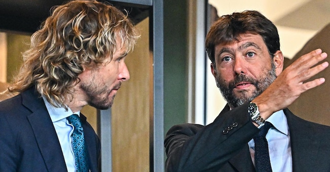 Juventus's Czech vice president Pavel Nedved (left) and Juventus's Italian chairman Andrea Agnelli prior to kick-off in the Italian Serie A soccer match Uc Sampdoria vs Juventus Fc at Luigi Ferraris stadium in Genoa, Italy, 22 August 2022. ANSA/STRINGER