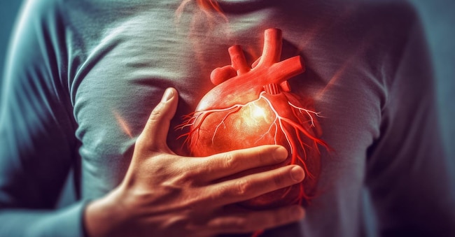 Abstract image of a man with chest pain. Health concept. Background with selective focus and copy space. AI generated, human enhanced