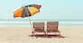 Vintage toned two beach chairs and umberella on empty tropical ocean beach at sunny day