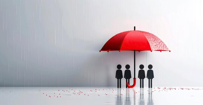 Life insurance policy, family with umbrella protection, flat design illustration