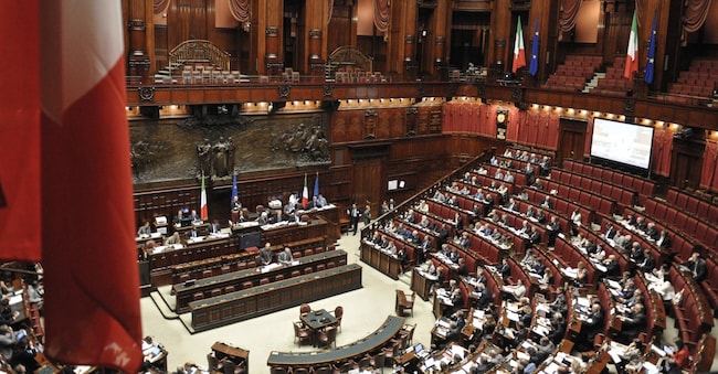 29/09/2014 Roma, Camera dei Deputati, conferenza interparlamentare sul Fiscal Compact, nella foto l'Aula con le bandiere italiana ed europea
