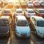 Dealer Vehicles in Stock. Brand New Cars Awaiting Clients on the Dealer Parking Lot. New Cars Section.