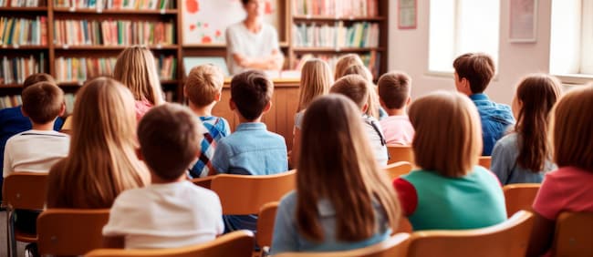 Group of kids seated at desks, attentively focused on teacher in classroom in school