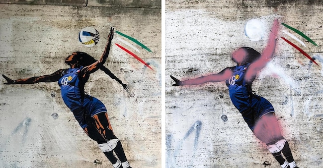 In una combo, l'opera realizzata ieri dalla street artist Laika dedicata alla giocatrice Paola Egonu (S) insieme all'opera vandalizzata con della vernice rosa oggi (D) sul palazzo delle Federazioni, di fronte alla sede del Coni, Roma, 13 agosto 2024.  ANSA/ANGELO CARCONI