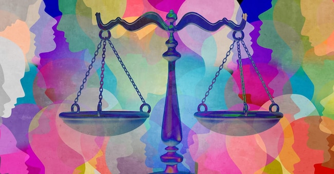 Social justice together as a crowd of diverse people with a law symbol representing community legislation and equal rights or legal lawyer icon with 3D illustration elements.