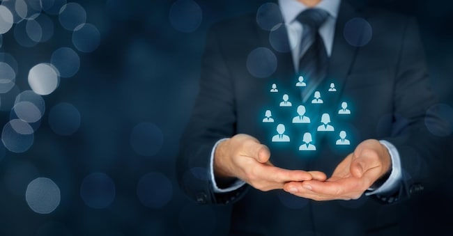 Customer care, care for employees, management, human resources, life insurance, employment agency and marketing segmentation concepts. Wide banner composition with bokeh background.