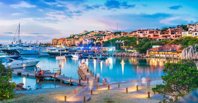 View of harbor and village Porto Cervo, Sardinia island, Italy