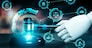 AI related law concept shown by robot hand using lawyer working tools in lawyers office with legal astute icons depicting artificial intelligence law and online technology of legal law regulations