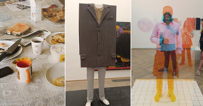 Inuuteq Storch, dettaglio dalla serie Soon Will Summer Be Over, 2023. 73x49 cm; Erwin Wurm, senza titolo, 2008. Legno, acrilico e lana. 175x63x23cm; L’installazione relazionale di Þórdís Erla Zoëg, tra le più fotografate della fiera