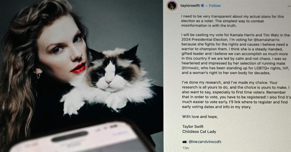 Taylor Swift, endorsement per Kamala Harris: «Sono una gattara senza figli» Taylor Swift, endorsement per Kamala Harris: «Sono una gattara senza figli»