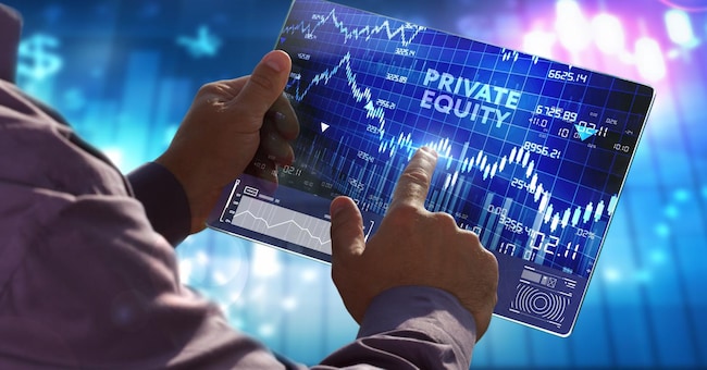 The concept of business, technology, the Internet and the network. A young entrepreneur working on a virtual screen of the future and sees the inscription: Private equity