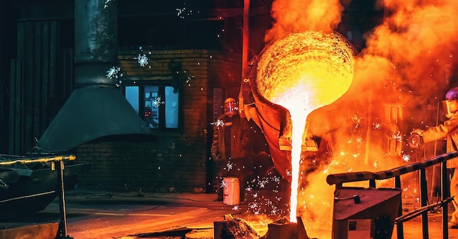 Liquid iron molten metal pouring in container, industrial metallurgical factory, foundry cast, heavy industry background.