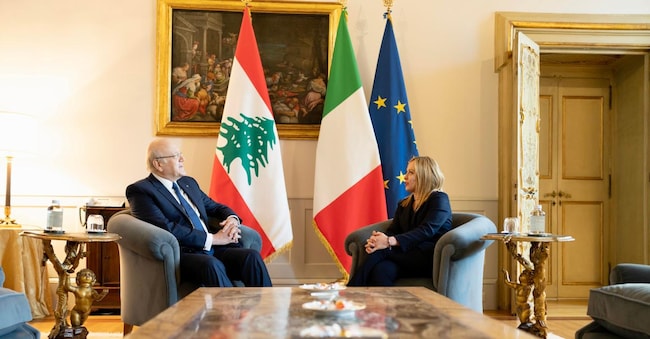 La premier Giorgia Meloni riceve a Palazzo Chigi Najib Mikati, primo ministro ad interim del Libano. Mikati è stato accolto dal picchetto d'onore, Roma 16 marzo 2023.
