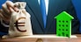 Businessman puts euro money bag on scales and green house. Investment in renovation. Reduced CO2 emissions, energy efficiency. Payback period. Profitability housing of eco technologies.