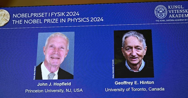 John Hopfield e Geoffrey Hinton, nella foto, sono stati insigniti del Premio Nobel per la Fisica 2024, annunciato nel corso di una conferenza stampa presso l’Accademia Reale Svedese delle Scienze a Stoccolma, Svezia, martedì 8 ottobre 2024. (Christine Olsson/TT News Agency via AP)