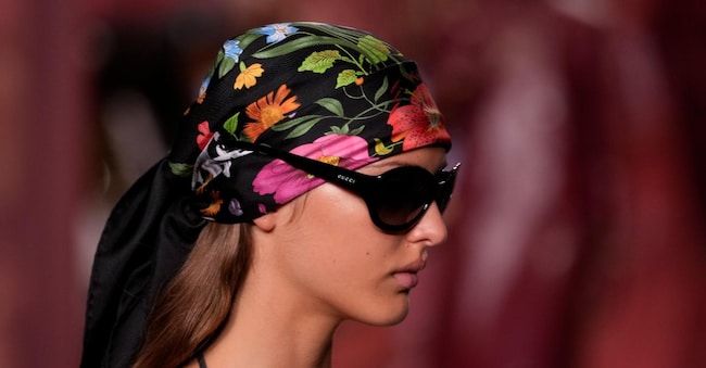 A model wears a creation as part of the Gucci Spring Summer 2025 collection, that was presented in Milan, Italy, Friday, Sept. 20, 2024. (AP Photo/Luca Bruno).