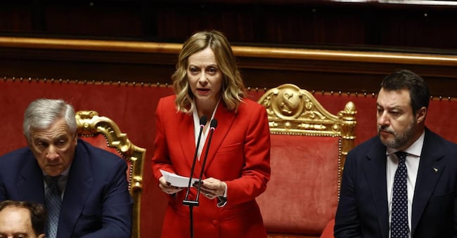 La presidente del Consiglio Giorgia Meloni nelle comunicazioni al Senato in vista del Consiglio  europeo a Roma, 15 ottobre 2024. ANSA / VINCENZO LIVIERI