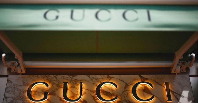 FILE PHOTO: The logo of fashion house Gucci is seen outside a store in Cannes, France, May 16, 2024. REUTERS/Sarah Meyssonnier/File Photo