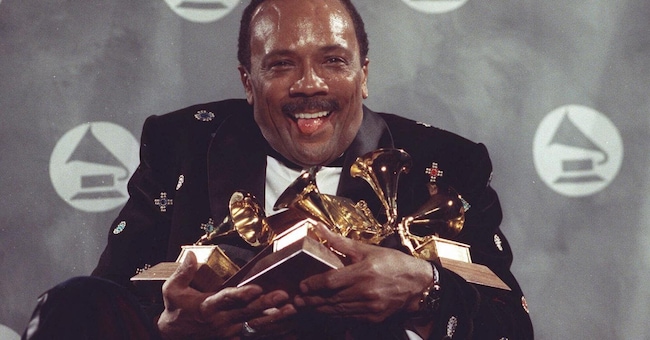 Quincy Jones ai Grammy Awards. (AP Photo/Susan Ragan, File)
