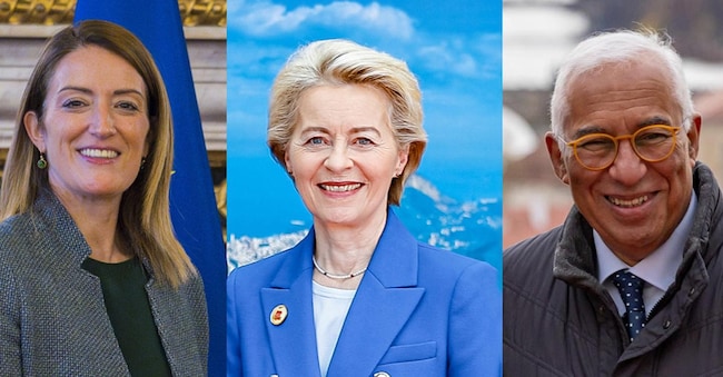 Ursula von der Leyen (Afp), Roberta Metsola (Imagoeconomica) e Antonio Costa (Epa)