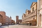 medieval street in historical center of Ferrara in Italy