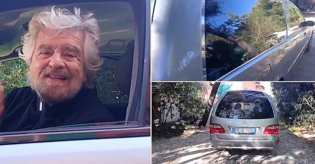 Beppe Grillo durante il messaggio sul m5s trasmesso da un carro funebre