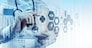Double exposure of smart medical doctor working with operating room as concept