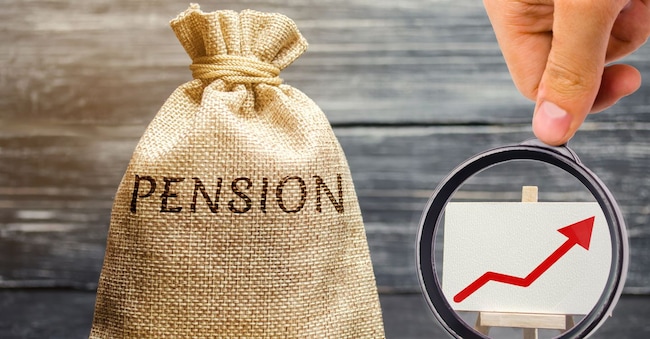 Bag with money and word Pension and up arrow with coins. Increase pension payments. Saving money, retirement. Future investment. Accumulation of pension contributions. Loan portfolio growth.