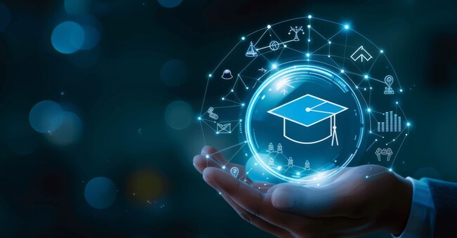Hand holding virtual graduation cap, representing online education and technology in learning, with futuristic digital interface.