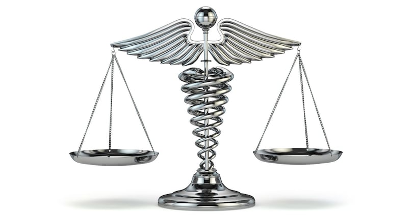 Medicine and justice. Caduceus symbol as scales. Conceptual image. 3d