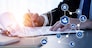 Smart law, legal advice icons and lawyer working tools in the lawyers office showing concept of digital law and online technology of astute law and regulations .