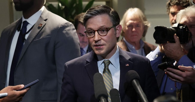 WASHINGTON, DC - DECEMBER 20: U.S. Speaker of the House Rep. Mike Johnson (R-LA) speaks to members of the press after a Republican House Conference meeting at the U.S. Capitol on December 20, 2024 in Washington, DC. 