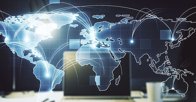 Abstract graphic digital world map with connections on modern computer background, globalization concept. Multiexposure